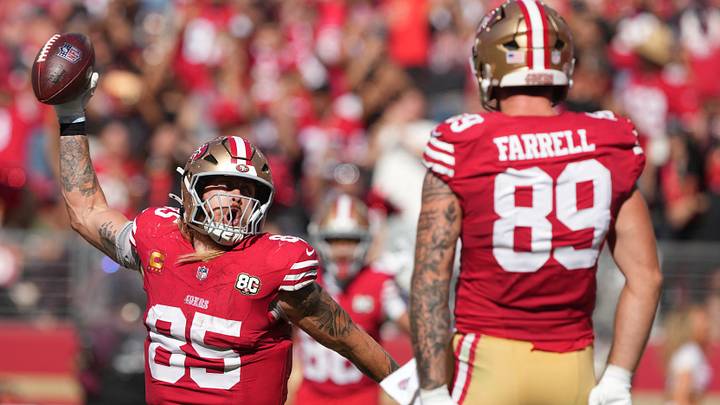 Sep 27, 2026; Santa Clara, California, USA; San Francisco 49ers tight end George Kittle (85) reacts after touchdown catch against the Arizona Cardinals in the second half at Levi's Stadium. Mandatory Credit: Darren Yamashita-Imagn Images Sep 27, 2026; Santa Clara, California, USA; San Francisco 49ers tight end George Kittle (85) reacts after touchdown catch against the Arizona Cardinals in the second half at Levi's Stadium. Mandatory Credit: Darren Yamashita-Imagn Images