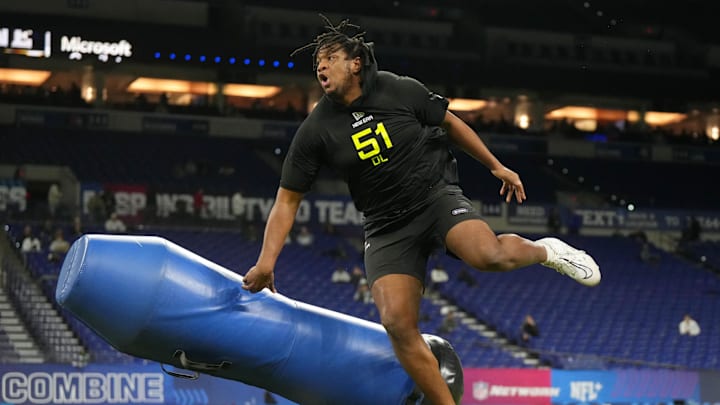 Feb 27, 2025; Indianapolis, IN, USA; Mississippi defensive lineman Jared Ivey (DL51) participates in drills during the 2025 NFL Combine at Lucas Oil Stadium. Mandatory Credit: Kirby Lee-Imagn Images