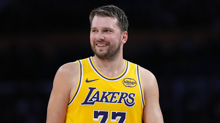 Mar 6, 2026; Los Angeles, California, USA; Los Angeles Lakers guard Luka Doncic (77) reacts against the Indiana Pacers in the first half at Crypto.com Arena. Mandatory Credit: Kirby Lee-Imagn Images