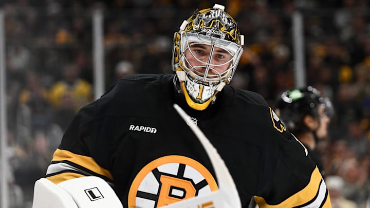 Apr 23, 2026; Boston, Massachusetts, USA; Boston Bruins goaltender Jeremy Swayman (1) skates during a timeout against the Buffalo Sabres during the second period of game three of the first round of the 2026 Stanley Cup Playoffs at the TD Garden. Mandatory Credit: Brian Fluharty-Imagn Images