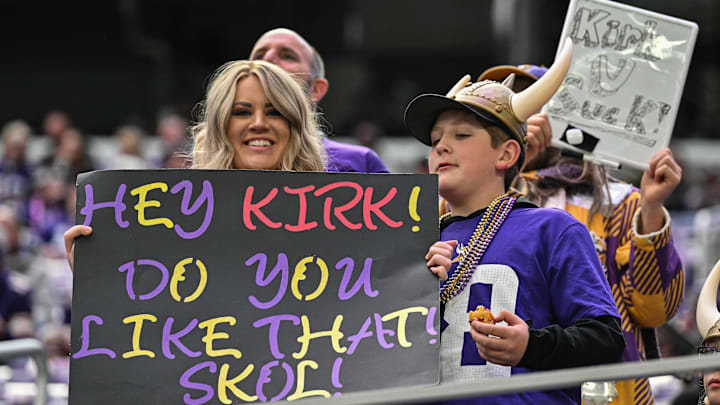Minnesota Vikings fans welcome back Atlanta Falcons quarterback Kirk Cousins (not pictured) before their game at U.S. Bank Stadium in Minneapolis on Dec. 8, 2024. Minnesota Vikings fans welcome back Atlanta Falcons quarterback Kirk Cousins (not pictured) before their game at U.S. Bank Stadium in Minneapolis on Dec. 8, 2024.