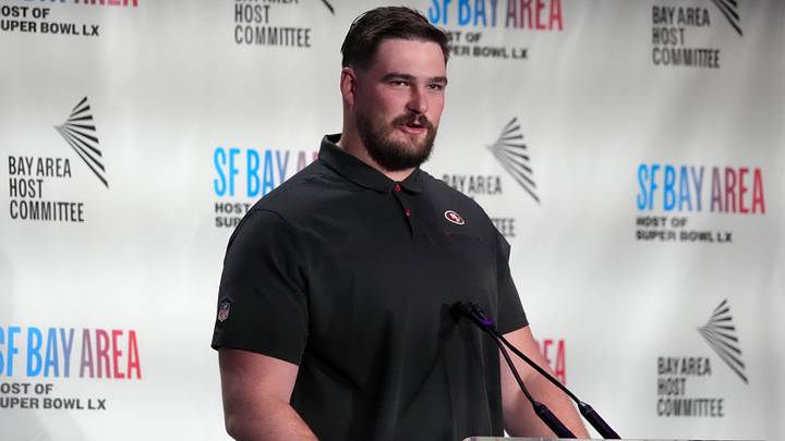Feb 2, 2026; San Francisco, CA, USA; San Francisco 49ers lineman Colton McKivitz speaks during the Bay Area host committee press conference at the Super Bowl LX media center at the Moscone Center. Mandatory Credit: Kirby Lee-Imagn Images Feb 2, 2026; San Francisco, CA, USA; San Francisco 49ers lineman Colton McKivitz speaks during the Bay Area host committee press conference at the Super Bowl LX media center at the Moscone Center. Mandatory Credit: Kirby Lee-Imagn Images