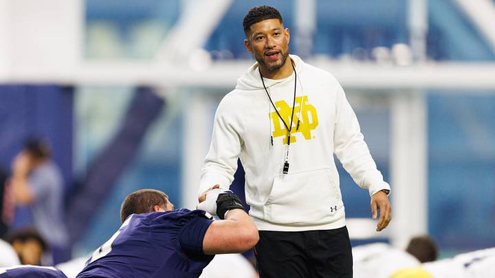 Head coach Marcus Freeman greets his players during a Notre Dame football practice at Irish Athletic Center on Friday, March 20, 2026, in South Bend. Head coach Marcus Freeman greets his players during a Notre Dame football practice at Irish Athletic Center on Friday, March 20, 2026, in South Bend.
