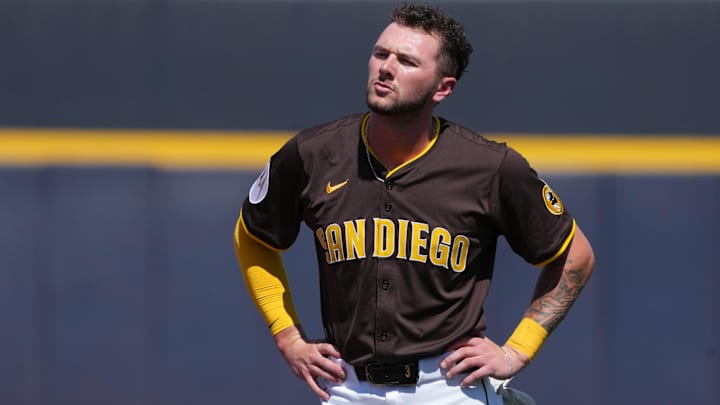 Mar 22, 2025; Peoria, Arizona, USA; San Diego Padres outfielder Jackson Merrill (3) reacts after getting out against the Cincinnati Reds in the first inning at Peoria Sports Complex. Mandatory Credit: Rick Scuteri-Imagn Images