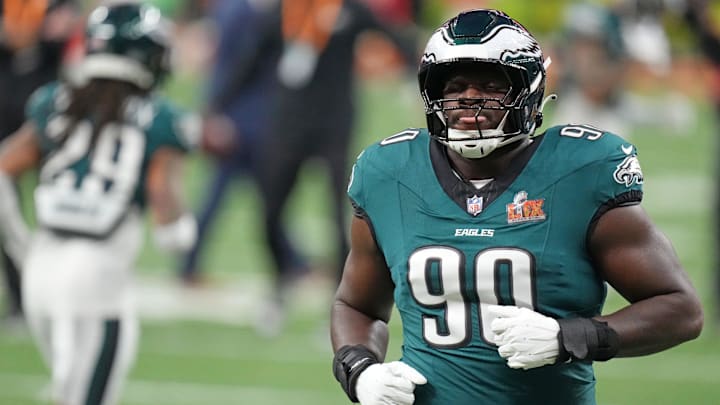 Feb 9, 2025; New Orleans, LA, USA; Philadelphia Eagles defensive tackle Jordan Davis (90) practices before Super Bowl LIX against the Kansas City Chiefs at Caesars Superdome. Mandatory Credit: Kirby Lee-Imagn Images Feb 9, 2025; New Orleans, LA, USA; Philadelphia Eagles defensive tackle Jordan Davis (90) practices before Super Bowl LIX against the Kansas City Chiefs at Caesars Superdome. Mandatory Credit: Kirby Lee-Imagn Images
