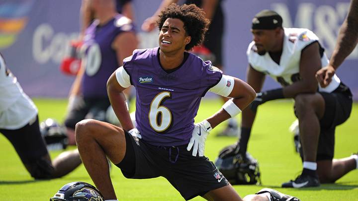 Jul 29, 2026; Ownings Mills, MD, USA; Baltimore Ravens wide receiver Ja’Kobi Lane (6) stretches during practice at the Under Armour Performance Center. Mandatory Credit: Mitch Stringer-Imagn Images Jul 29, 2026; Ownings Mills, MD, USA; Baltimore Ravens wide receiver Ja’Kobi Lane (6) stretches during practice at the Under Armour Performance Center. Mandatory Credit: Mitch Stringer-Imagn Images