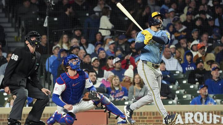 May 20, 2026; Chicago, Illinois, USA; Milwaukee Brewers third baseman David Hamilton (6) hits a triple against the Chicago Cubs during the seventh inning at Wrigley Field. Mandatory Credit: David Banks-Imagn Images