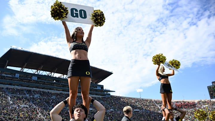 Sep 20, 2025; Eugene, Oregon, USA; Oregon Ducks cheerleaders perform during the first half of the game between the Oregon Ducks and the Oregon State Beavers at Autzen Stadium. Mandatory Credit: Troy Wayrynen-Imagn Images