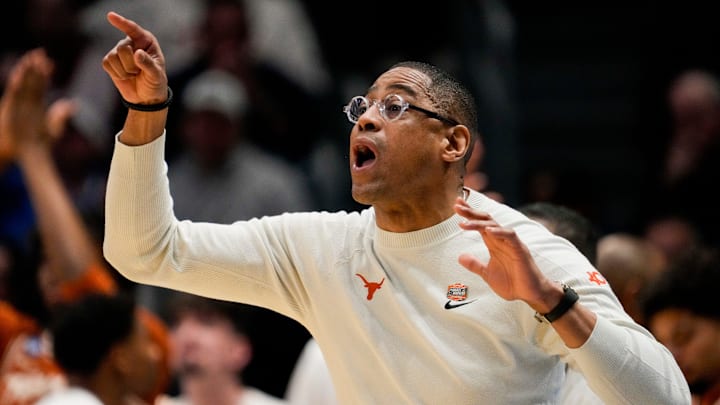 Texas Longhorns head coach Rodney Terry shouts to his defense in the second half of the NCAA Tournament First Four game between the Xavier Musketeers and the Texas Longhorns at University of Dayton Arena in Dayton, Ohio, on Wednesday, March 19, 2025. Xavier advances with an 86-80 win over Texas, moving on to play Illinois in the first round. Texas Longhorns head coach Rodney Terry shouts to his defense in the second half of the NCAA Tournament First Four game between the Xavier Musketeers and the Texas Longhorns at University of Dayton Arena in Dayton, Ohio, on Wednesday, March 19, 2025. Xavier advances with an 86-80 win over Texas, moving on to play Illinois in the first round.