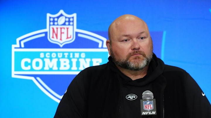 Feb 28, 2024; Indianapolis, IN, USA; New York Jets general manager Joe Douglas speaks at a press conference at the NFL Scouting Combine at Indiana Convention Center.
