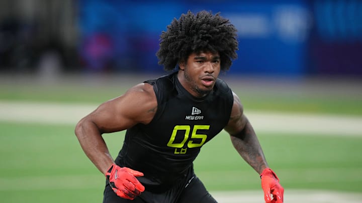 Alabama linebacker Jihaad Campbell participates in drills during the 2025 NFL Combine.