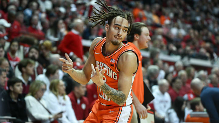 Jan 14, 2025; Bloomington, Indiana, USA; Illinois Fighting Illini guard Dra Gibbs-Lawhorn (2) celebrates after a play during the first half against the Indiana Hoosiers at Simon Skjodt Assembly Hall. Mandatory Credit: Robert Goddin-Imagn Images