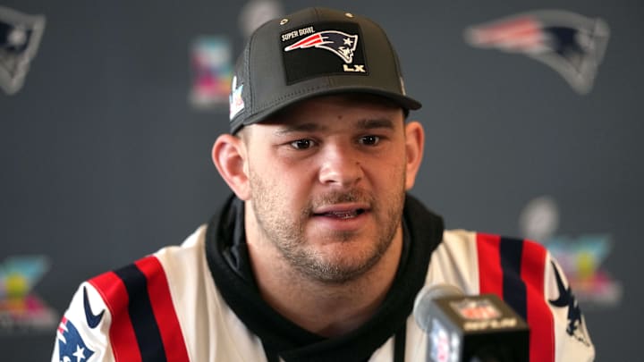 Feb 5, 2026; Santa Clara, CA, USA; New England Patriots center Garrett Bradbury (65) talks to media members at Santa Clara Marriott. Mandatory Credit: Darren Yamashita-Imagn Images