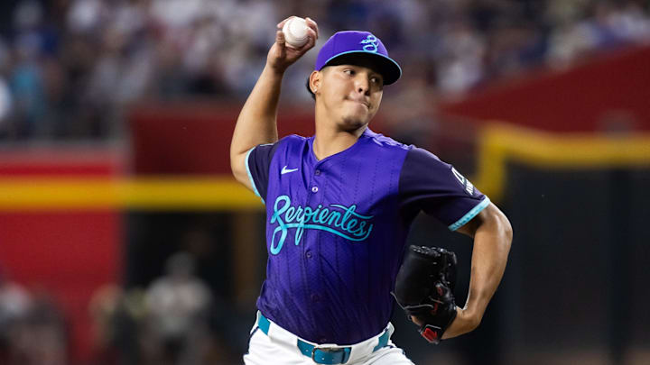 May 9, 2025; Phoenix, Arizona, USA; Arizona Diamondbacks pitcher Cristian Mena against the Los Angeles Dodgers at Chase Field. Mandatory Credit: Mark J. Rebilas-Imagn Images