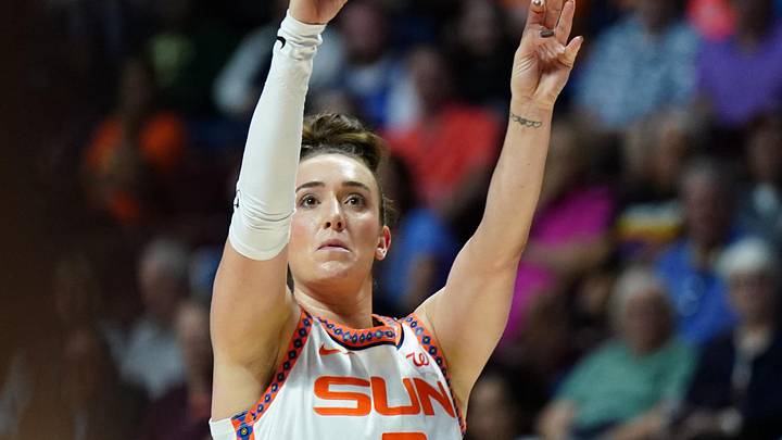 Sep 6, 2025; Uncasville, Connecticut, USA; Connecticut Sun guard Marina Mabrey (3) shoots the ball against the Phoenix Mercury in the first half at Mohegan Sun Arena. David Butler II-Imagn Images