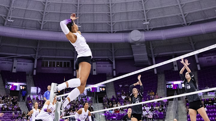 Oct. 30, 2024-Jalyn Gibson of TCU Volleyball jumps up to land a kill against Colorado in Schollmaier Arena.