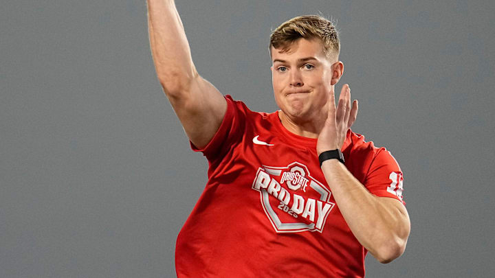 Ohio State Buckeyes quarterback Will Howard throws during the pro day for NFL scouts at the Woody Hayes Athletic Cente on March 26, 2025. Ohio State Buckeyes quarterback Will Howard throws during the pro day for NFL scouts at the Woody Hayes Athletic Cente on March 26, 2025.