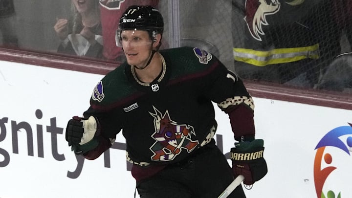 Mar 26, 2024; Tempe, Arizona, USA; Arizona Coyotes center Nick Bjugstad (17) reacts after scoring a goal against the Columbus Blue Jackets in the third period at Mullett Arena. Mandatory Credit: Rick Scuteri-Imagn Images