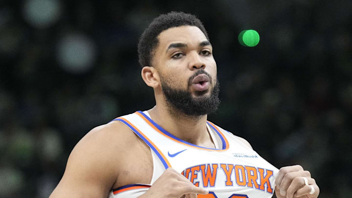 Feb 27, 2026; Milwaukee, Wisconsin, USA; New York Knicks center/forward Karl-Anthony Towns (32) before the tip off against the Milwaukee Bucks at Fiserv Forum. Mandatory Credit: Michael McLoone-Imagn Images