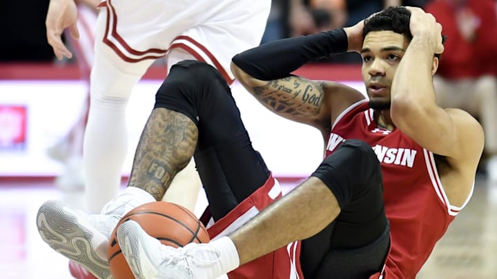 Feb 7, 2026; Bloomington, Indiana, USA; Wisconsin Badgers guard Nick Boyd (2) reacts after being called for an offensive foul during overtime at Simon Skjodt Assembly Hall. 