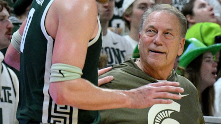 Nov 13, 2025; East Lansing, Michigan, USA; Michigan State Spartans forward Jaxon Kohler (0) draws a smile from Michigan State Spartans head coach Tom Izzo during the second half as they defeat the San Jose State Spartans at Jack Breslin Student Events Center. Mandatory Credit: Dale Young-Imagn Images Nov 13, 2025; East Lansing, Michigan, USA; Michigan State Spartans forward Jaxon Kohler (0) draws a smile from Michigan State Spartans head coach Tom Izzo during the second half as they defeat the San Jose State Spartans at Jack Breslin Student Events Center. Mandatory Credit: Dale Young-Imagn Images