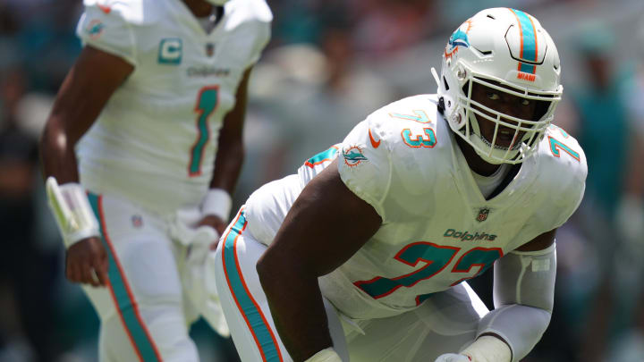 Tackle Austin Jackson during the first half of the game against the New England Patriotsat Hard Rock Stadium in 2023.