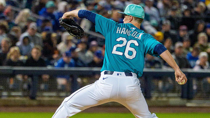 Seattle Mariners pitcher Emerson Hancock throws during a spring training game against the Los Angeles Dodgers on March 7 at the Peoria Sports Complex. Seattle Mariners pitcher Emerson Hancock throws during a spring training game against the Los Angeles Dodgers on March 7 at the Peoria Sports Complex.