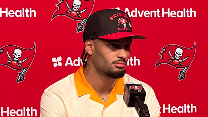 Bucs WR Emeka Egbuka at his introductory press conference.