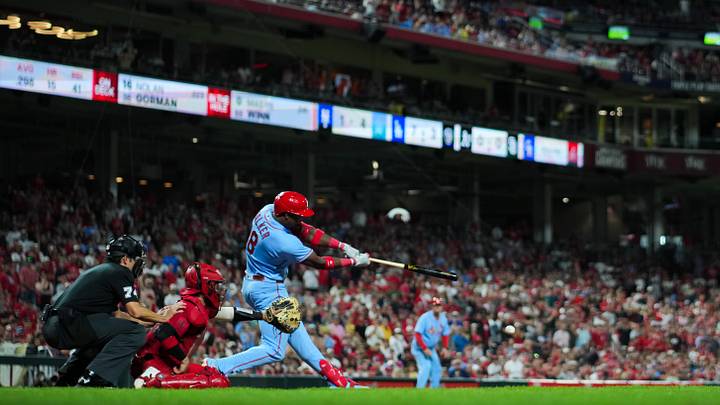 May 23, 2026; Cincinnati, Ohio, USA; St. Louis Cardinals outfielder Jordan Walker (18) hits an RBI single against the Cincinnati Reds in the ninth inning at Great American Ball Park. Mandatory Credit: Aaron Doster-Imagn Images May 23, 2026; Cincinnati, Ohio, USA; St. Louis Cardinals outfielder Jordan Walker (18) hits an RBI single against the Cincinnati Reds in the ninth inning at Great American Ball Park. Mandatory Credit: Aaron Doster-Imagn Images