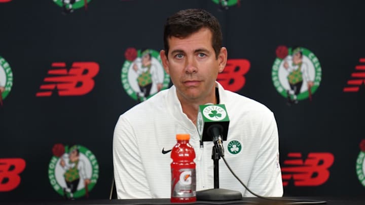 Boston Celtics general manager Brad Stevens talks to reporters during media day at Auerbach Center.