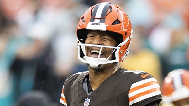 Dec 29, 2024; Cleveland, Ohio, USA; Cleveland Browns quarterback Jameis Winston (5) laughs during warm ups before the game against the Miami Dolphins at Huntington Bank Field. Mandatory Credit: Scott Galvin-Imagn Images