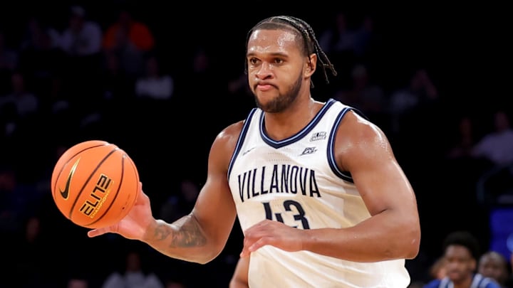 Mar 12, 2025; New York, NY, USA; Villanova Wildcats forward Eric Dixon (43) brings the ball up court against the Seton Hall Pirates during the second half at Madison Square Garden. Mandatory Credit: Brad Penner-Imagn Images