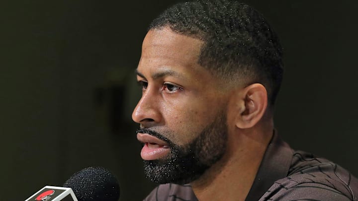 Cleveland Browns general manager Andrew Berry responds to questions during Watson's introductory press conference at the Cleveland Browns Training Facility on March 25, 2022.