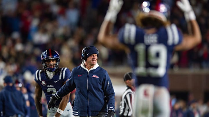 Mississippi's head coach Lane Kiffin yells during the Egg Bowl game against Mississippi State at Vaught-Hemingway Stadium on Friday, Nov. 29, 2024.