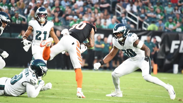 Eagles linebacker Jihaad Campbell gets ready to make a tackle in the team's preseason opener against the Bengals. Eagles linebacker Jihaad Campbell gets ready to make a tackle in the team's preseason opener against the Bengals.