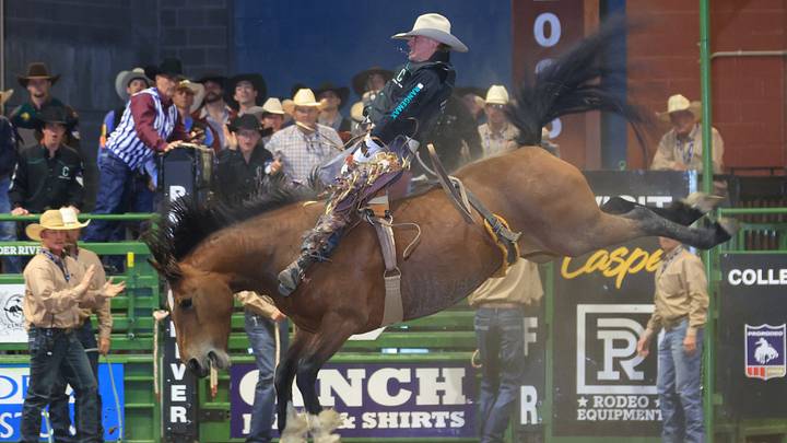 Carson Hildre rode for 83.25 points in the short go to finish tied with two other bareback riders and earn a shared CNFR title. Carson Hildre rode for 83.25 points in the short go to finish tied with two other bareback riders and earn a shared CNFR title.