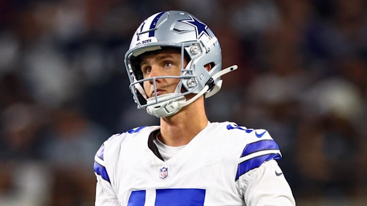 Dallas Cowboys place kicker Brandon Aubrey reacts after making a field goal during the second half against the Baltimore Ravens at AT&T Stadium. Dallas Cowboys place kicker Brandon Aubrey reacts after making a field goal during the second half against the Baltimore Ravens at AT&T Stadium.