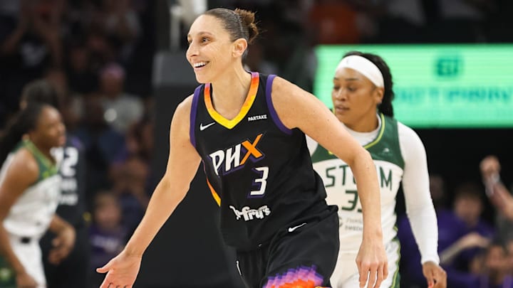 Phoenix Mercury guard Diana Taurasi (3) smiles after hitting a three-pointer on Sept. 19, 2024 at Footprint Center in Phoenix.
