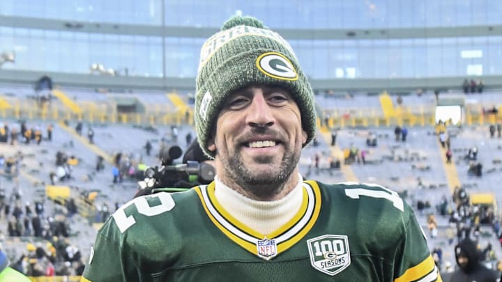 Dec. 9, 2018; Green Bay, WI, USA;  Green Bay Packers quarterback Aaron Rodgers (12) smiles after the Packers beat the Atlanta Falcons at Lambeau Field.