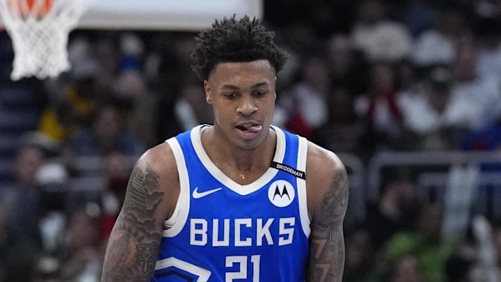 Milwaukee Bucks forward Tyler Smith celebrates after making a three point basket against the Detroit Pistons at Fiserv Forum on April 13.