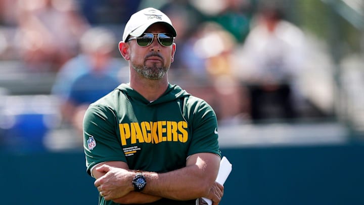 Green Bay Packers Head Coach Matt LaFleur watches practice during the sixth day of training camp on July 29, 2025, at Ray Nitschke Field in Ashwaubenon, Wis.