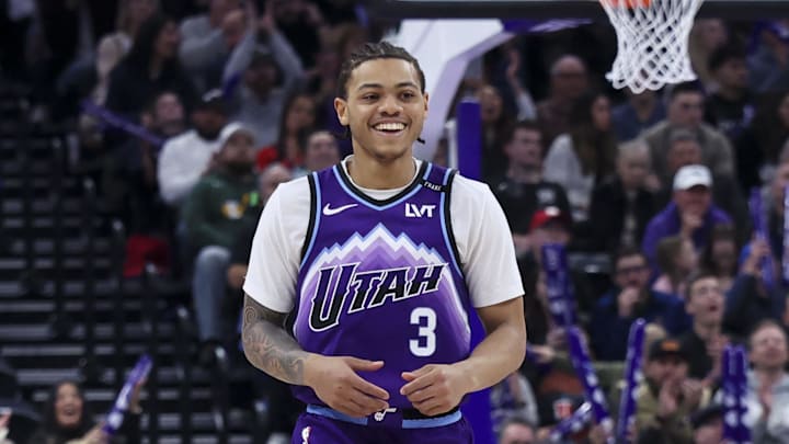 Jan 30, 2026; Salt Lake City, Utah, USA; Utah Jazz guard Keyonte George (3) reacts after a three point basket against the Brooklyn Nets during the second half at Delta Center. Mandatory Credit: Rob Gray-Imagn Images