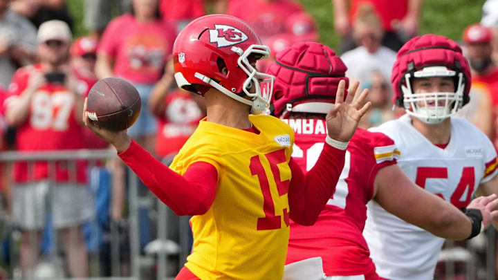 Jul 22, 2025; St. Joseph, MO, USA; Kansas City Chiefs quarterback Patrick Mahomes (15) throws a pass during training camp at Missouri Western State University. Mandatory Credit: Denny Medley-Imagn Images