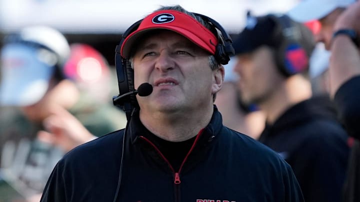 Georgia coach Kirby Smart reacts during the first half of a NCAA college football game against Massachusetts in Athens, Ga., on Saturday, Nov. 23, 2024.