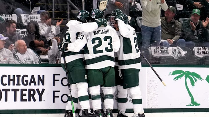 Michigan State celebrates Anthony Romani's goal against New Hampshire during the first period on Thursday, Oct. 9, 2025, at Munn Ice Arena in East Lansing.