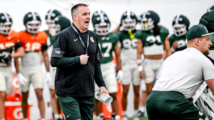 Michigan State's head coach Pat Fitzgerald calls out to players during spring football practice on Tuesday, March 24, 2026, in East Lansing.