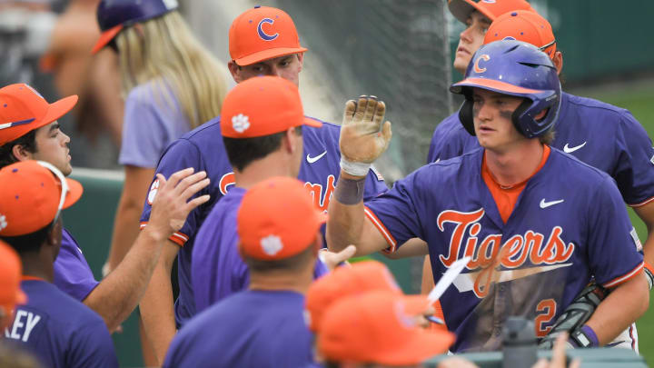 Clemson sophomore Nolan Nawrocki (2) scores during the bottom of the seventh inning of game 2 at Doug Kingsmore Stadium in Clemson Friday, May 3, 2024.