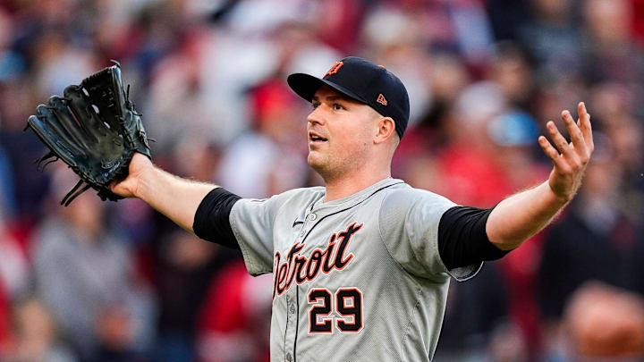 Detroit Tigers pitcher Tarik Skubal (29) celebrates after a double play against Cleveland Guardians in the sixth inning of Game 2 of ALDS at Progressive Field in Cleveland, Ohio on Monday, Oct. 7, 2024.