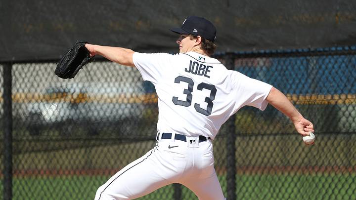 Detroit Tigers pitching prospect Jackson Jobe throws during spring training workouts Feb 16, 2022.