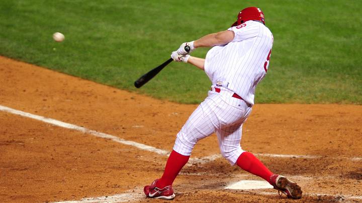 Oct 26, 2008; Philadelphia, PA, USA; Philadelphia Phillies starting pitcher Joe Blanton (56) hits a solo home run during the fifth inning of game four of the World Series against the Tampa Bay Rays at Citizens Bank Park. Mandatory Credit: James Lang-USA TODAY Sports Oct 26, 2008; Philadelphia, PA, USA; Philadelphia Phillies starting pitcher Joe Blanton (56) hits a solo home run during the fifth inning of game four of the World Series against the Tampa Bay Rays at Citizens Bank Park. Mandatory Credit: James Lang-USA TODAY Sports
